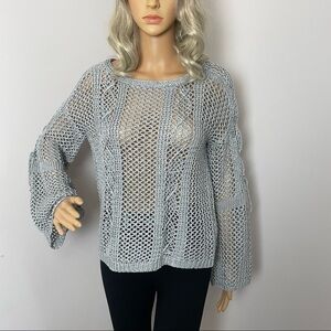 Rebecca Elliot Sweater  Crewneck – Bell Sleeves – Crisscross Lace-Up – Crocheted